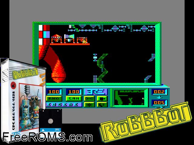 Robbbot (UK,F,G) (1988) [a1] Amstrad CPC game showing 3D box cover and gameplay screenshot